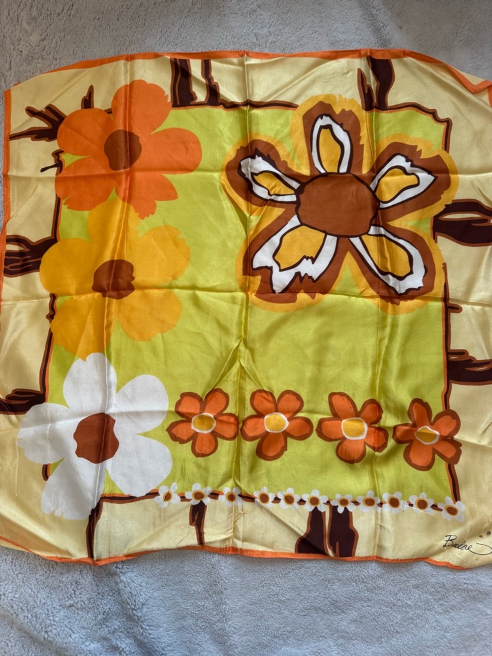 Vintage Beeline Floral Scarf 70s Mod Orange Yellow Retro Head Neck Square
